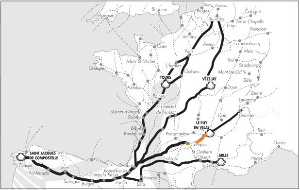 Map of the four routes to Compostela